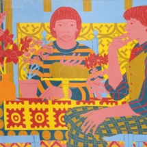 _Figures at a Table with Plants_, Oil on Board, 81 x 122 cm, © Norman Gilbert 1985