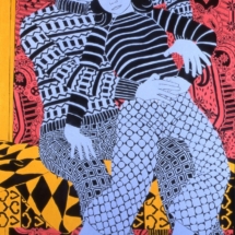 _Figures with Patterned Trousers_, Oil on Board, 122 x 81 cm, © Norman Gilbert 1984