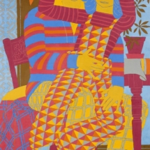 _Two People, Patterns and Purple Furnature_, Oil on Board, 122 x 81 cm, © Norman Gilbert 1982