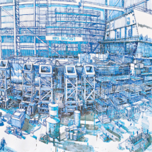 Ship Building, ink and wash on paper, 100 x 150 cm