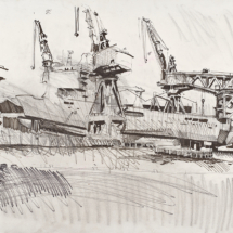 Shipyard, pencil and pen on paper, 75 x 55 cm