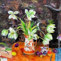 Ann Oram RSW White Tulips against a Tapestry Cloth 2